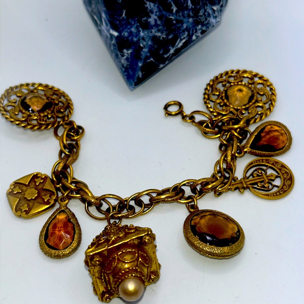 Vintage Victorian Revival Charm Bracelet Etruscan Retro Estate Find